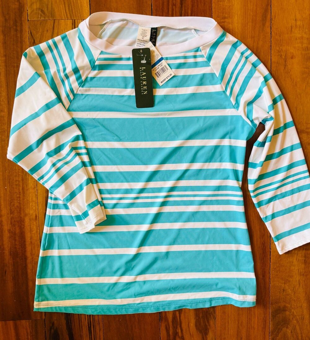 RALPH Lauren Rash Guard Swim Top Turquoise + White Stripe Large 3/4 Sleeve NWT